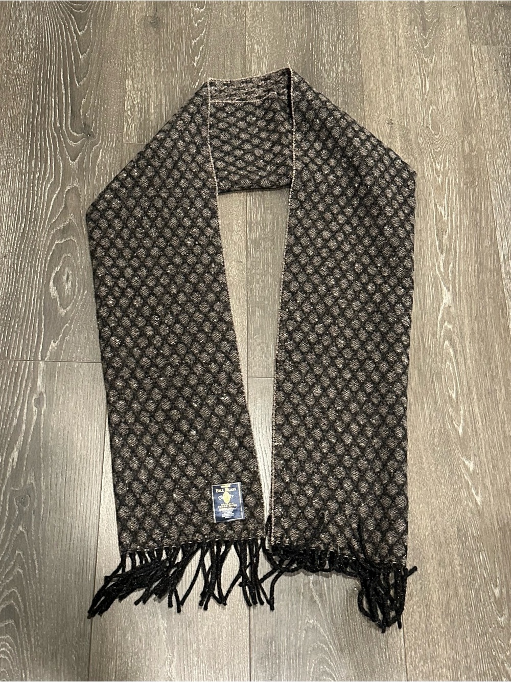 bill blass Black and Gray Patterned Knit Scarf with Fringe